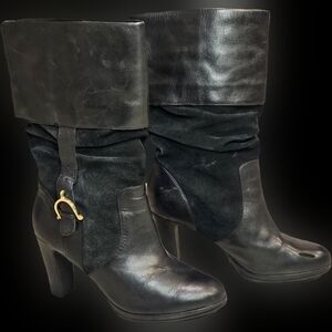 Ralph Lauren Black Leather & Suede Heeled Boots – Gold Stirrup Detail – Size 5M